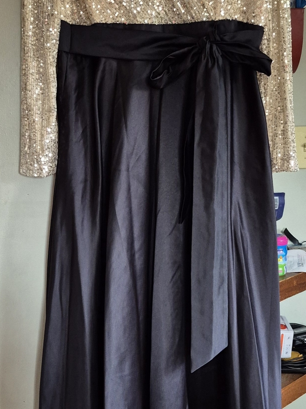 Xscape Black Satin Long Formal Dress with Side Tie. Size 14